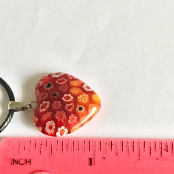 Orange Murano Glass Heart Necklace Millefiori Flowers Vintage Black Cord 18" - Picture 12 of 12